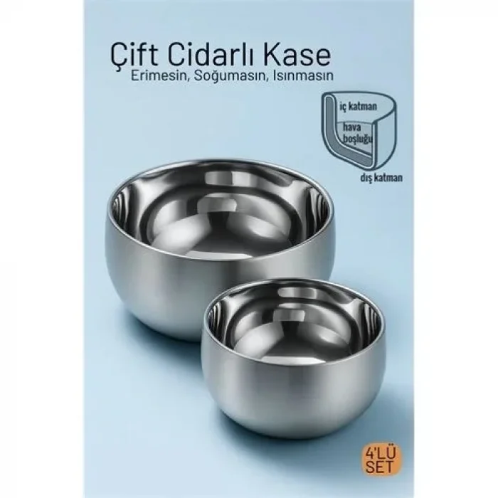 Çift Cidarlı Isı Yalıtımlı 4lü Lüks Kase Seti (16cm & 18cm) Premium 304 Paslanmaz Çelik 722668