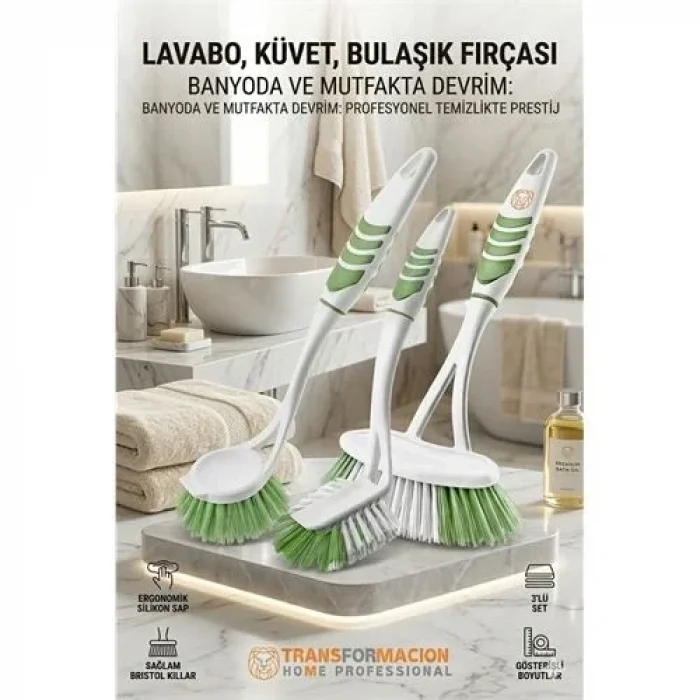 3lü Profesyonel Temizlik Fırçası Seti - Ergonomik Banyo, Lavabo Ve Bulaşık Fırçası 723095