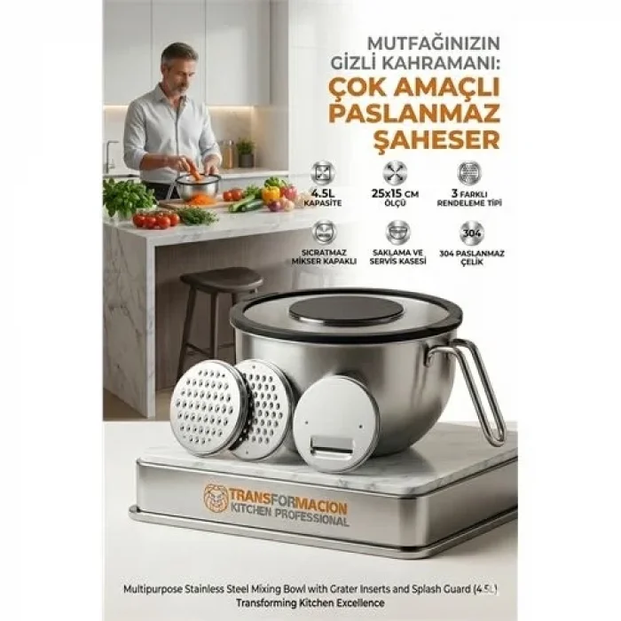 Çok Amaçlı Rendeli Paslanmaz Çelik Karıştırma Kabı - Sıçratmaz Mikser Kapağı Ve Saklama Kasesi 4.5l 723130