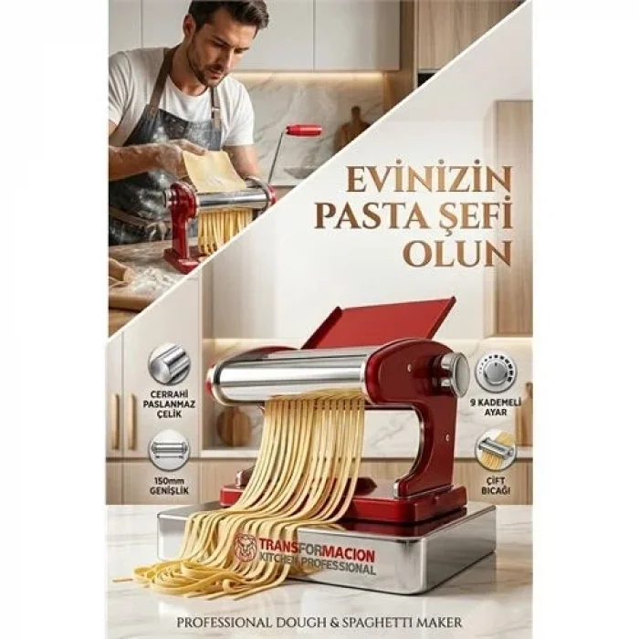 Kırmızı Makarna Makinesi 9 Ayarlı - Profesyonel Çelik Erişte Ve Spagetti Açma Makinası 723139