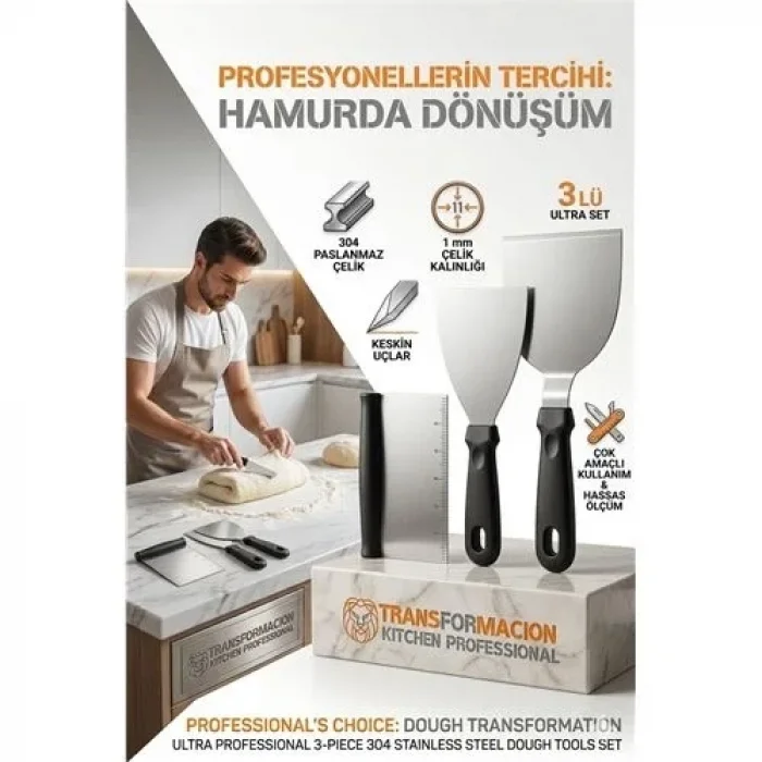 304 Inox Paslanmaz Çelik 3’lü Hamur Kesici ve Spatula Seti - Ultra Profesyonel Seri 723143