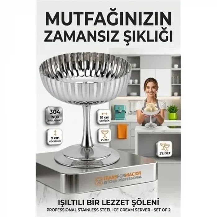 2li Profesyonel İnox Gümüş Paslanmaz Çelik Ayaklı Dondurma Ve Tatlı Sunum Kasesi Seti 723148