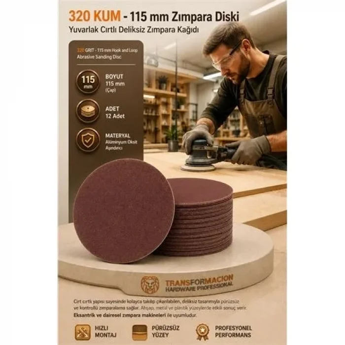12 Adet 320 Kum Yuvarlak Cırtlı Zımpara Diski 115 Mm Deliksiz Zımpara Kağıdı 723220