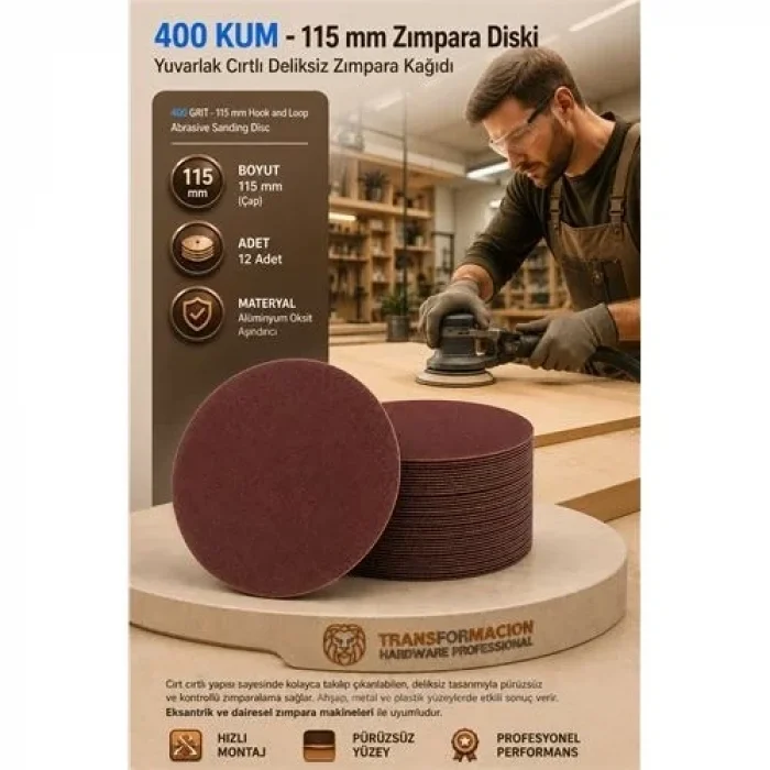 12 Adet 400 Kum Yuvarlak Cırtlı Zımpara Diski 115 Mm Deliksiz Zımpara Kağıdı 723221