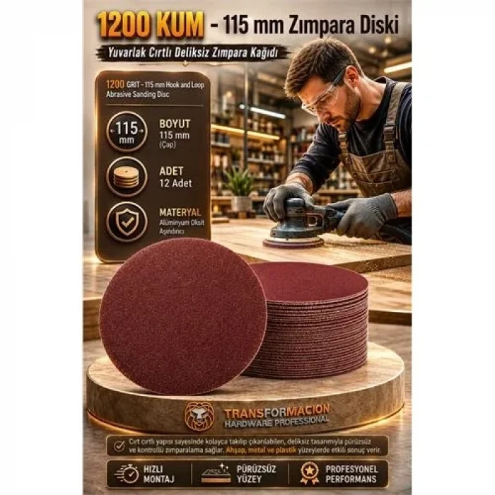 12 Adet 1200 Kum Yuvarlak Cırtlı Zımpara Diski 115 Mm Deliksiz Zımpara Kağıdı 723225