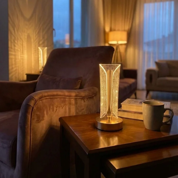 İki Yandan Kavisli Silindirik Çizgi Model Kristal LED Masa Lambası – Dokunmatik, 3 Renk Işık Modlu, Şarjlı Dekoratif Gece Lambası (5047)