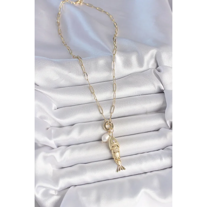 İnci Detaylı Zirkon Taşlı Balık Figürlü Gold Renk Pirinç Kolye