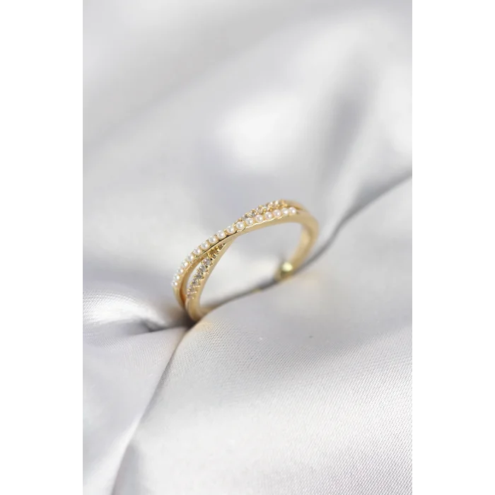 İncili ve Zirkon Taşlı Gold Renk Kadın Yüzük