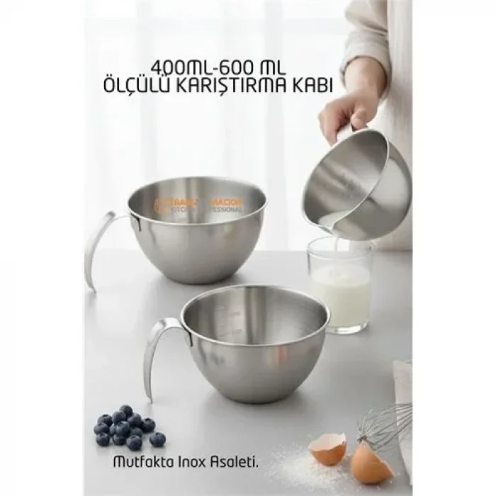 Inox Çelik Profesyonel Ölçülü Karıştırma Kabı Seti -400-600 Ml Sos & Hazırlık Şefi Serisi