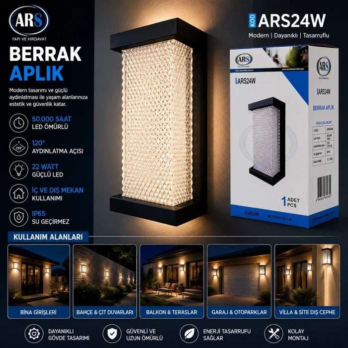 IP66 50.000 SAAT LED ÖMRÜ 22W BERRAK LED APLİK DUVAR LAMBASI ARS-348954 (5047)