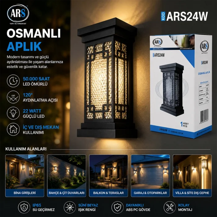 IP66 50.000 SAAT LED ÖMRÜ 22W OSMANLI LED APLİK DUVAR LAMBASI ARS-348952 (5047)