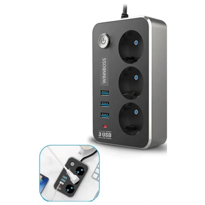 Isıya Dayanıklı Termal Akım Korumalı 2 Mt 10A 2500W 3lü Priz ve 3 Usbi 2.1A Uzatma Kablosu (5047)