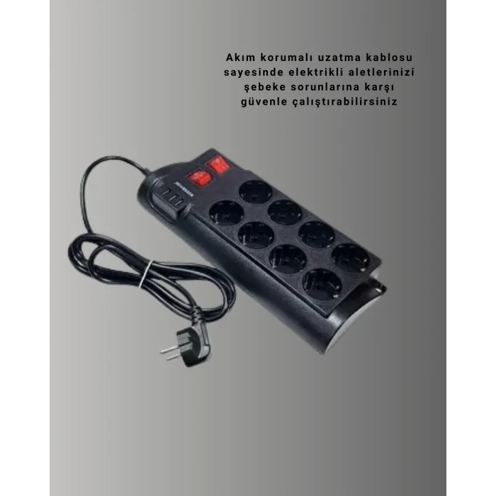 Isıya Dayanıklı Termal Akım Korumalı 8li Priz ve 3 USB Girişli Uzatma Kablosu