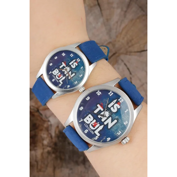 İstanbul Tasarım Lacivert Deri Kordonlu Sevgili Saatleri