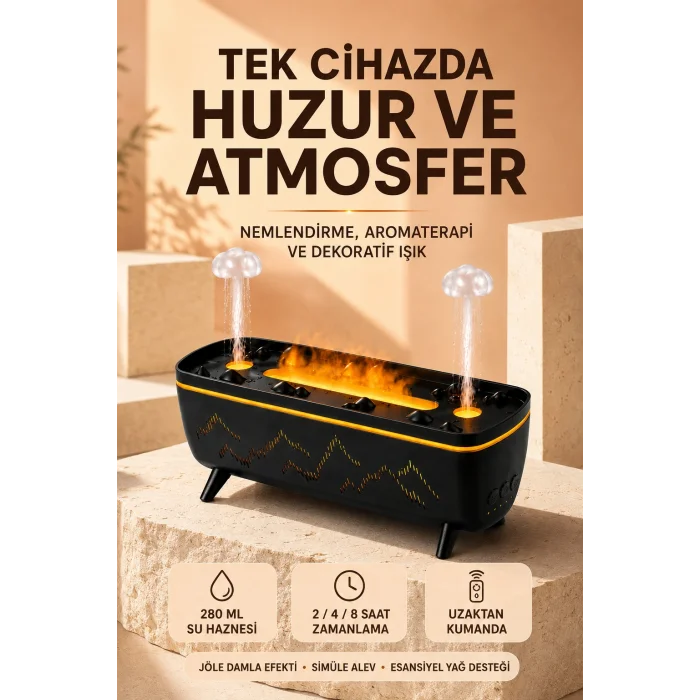 Jöle Yağmur Efektli Hava Nemlendirici 280 ML Aromaterapi Difüzörü Alev Efektli