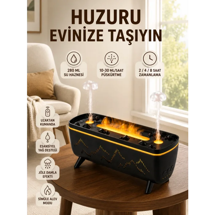 Jöle Yağmur Efektli Hava Nemlendirici 280 ML Aromaterapi Difüzörü Alev Efektli