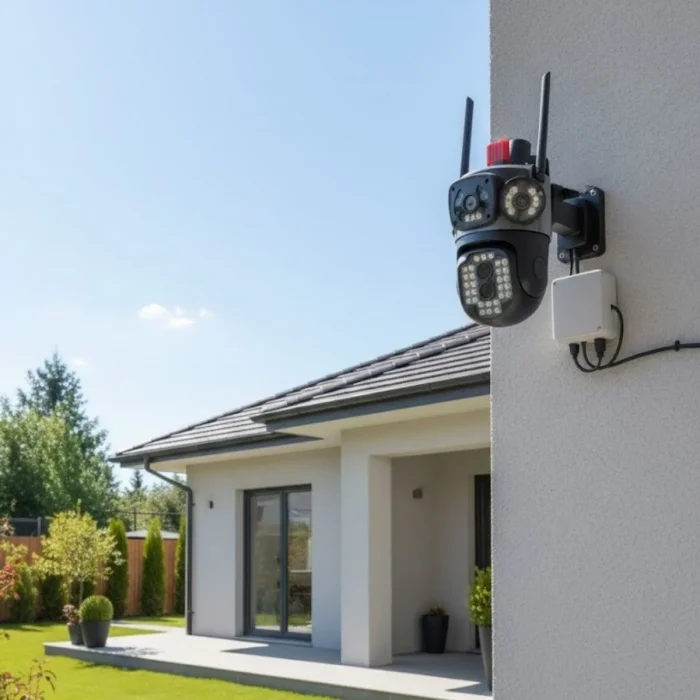 Kablolu Akıllı Güvenlik Kamerası – 4 Kameralı Çok Lensli, 360° PTZ Hareketli, Çift Antenli, Gece Görüşlü, Dış Mekan IP Kamera