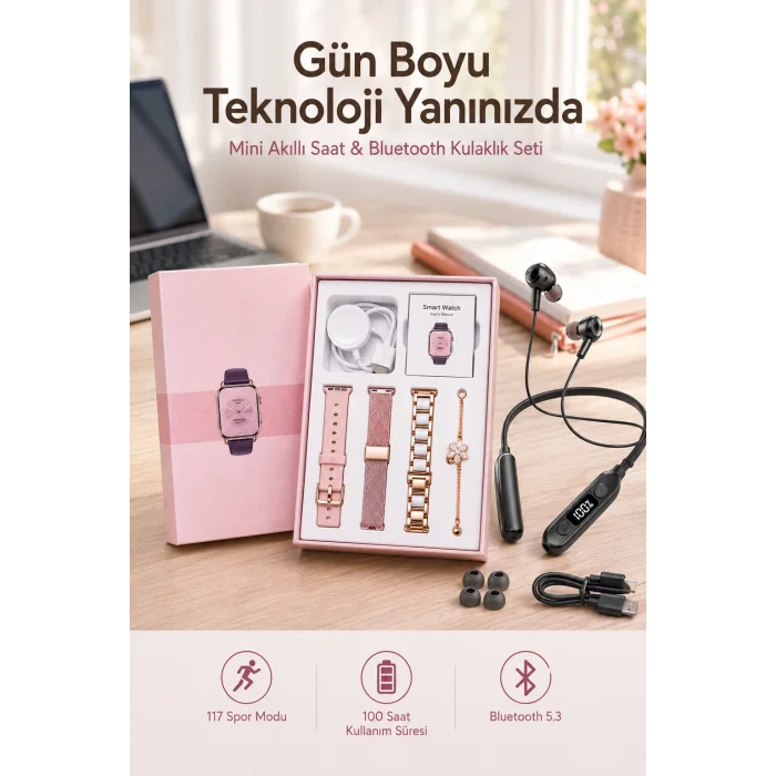 Kablolu Bluetooth Kulaklık ve Kadınlara Özel Bileklik Hediyeli Yeni Nesil Akıllı Saat 3 Kordonlu