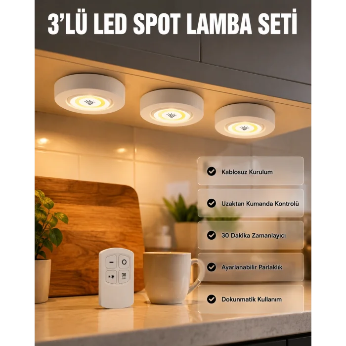 Kablosuz 3 Lü Spot Led Lamba Seti Uzaktan Kumandalı Enerji Tasarruflu Aydınlatma