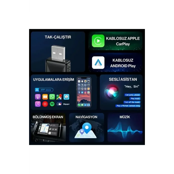 Kablosuz CarPlay & Android Auto Adaptörü  Apple ve Android Cihazlar İçin Evrensel Wireless Carplay Çevirici