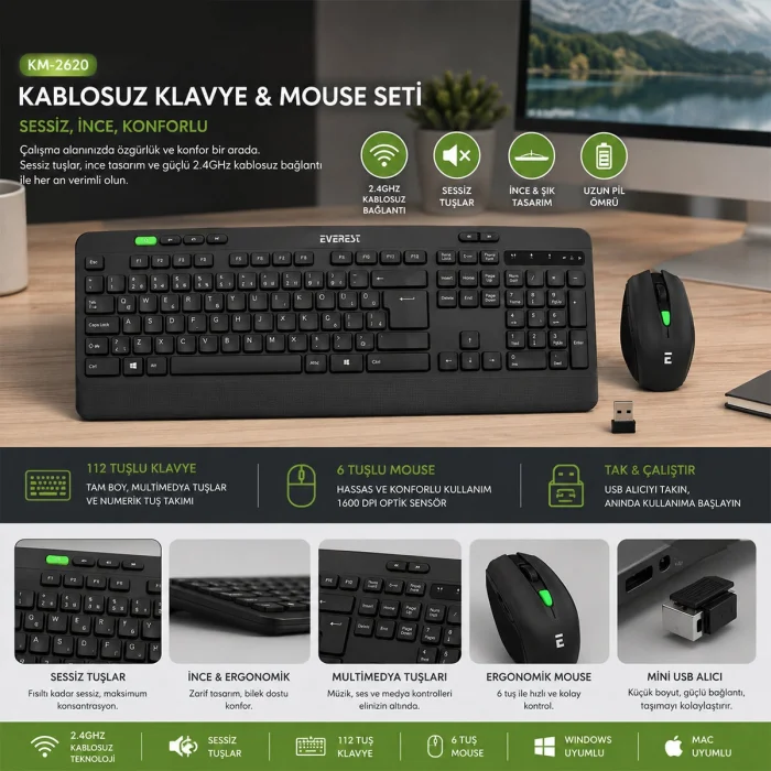 KABLOSUZ KLAVYE - MOUSE SETİ SİYAH USB - SESSİZ - SWİTCH Q KLAVYE KM-2620 (5047)
