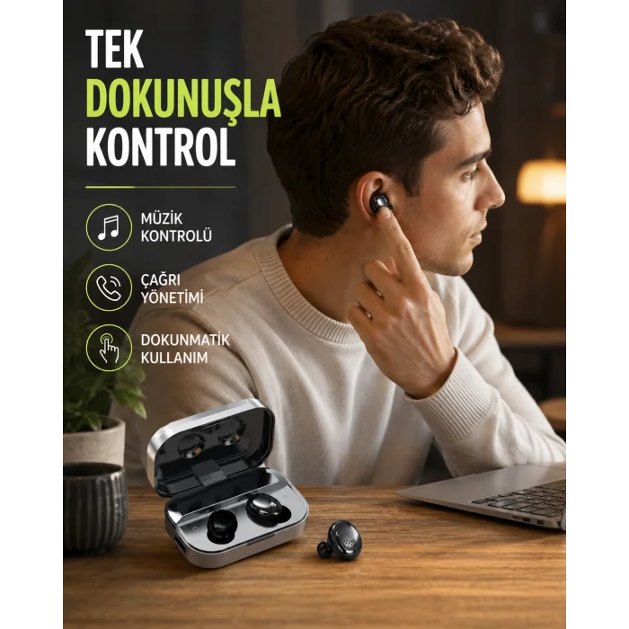 Kablosuz Kulak İçi Bluetooth Kulaklık – Dokunmatik Kontrol ve LED Şarj Ekranı