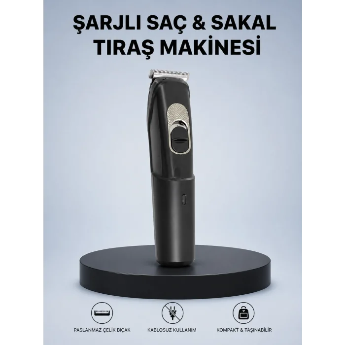 Kablosuz, Paslanmaz Çelik lı Profesyonel Saç ve Sakal Tıraş Makinesi – Sessiz, Güçlü ve Ergonomik