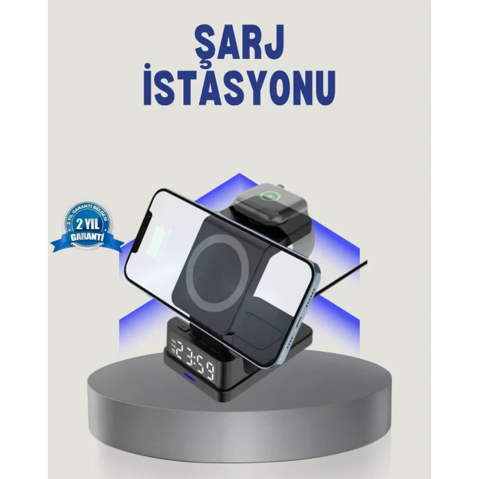 Kablosuz Şarj Cihazı ve Dijital Saat 4’ü 1 Arada Hızlı Şarj, LED Işıklı Tasarım