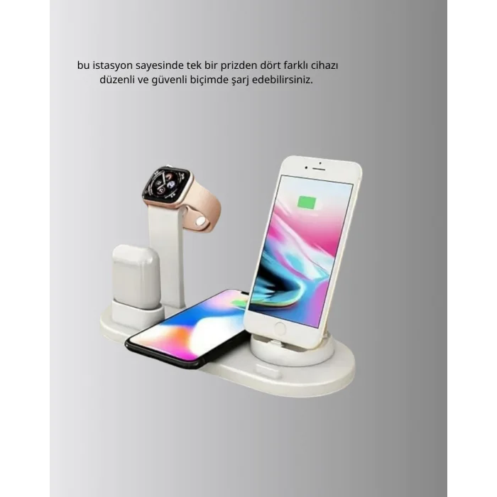 Kablosuz Şarj İstasyonu 4’ü 1 Arada iPhone Watch ve AirPods Uyumlu