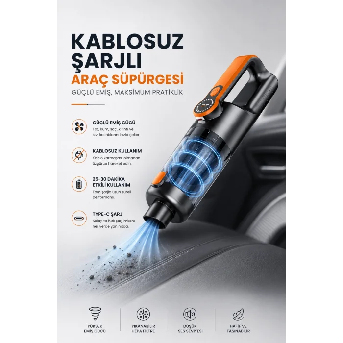 Kablosuz Şarjlı Araç ve Ev Tipi El Süpürgesi