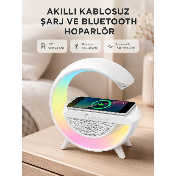 Kablosuz Şarjlı Bluetooth Hoparlör ve Gece Lambası – NFC, FM Radyo, RGB Işık