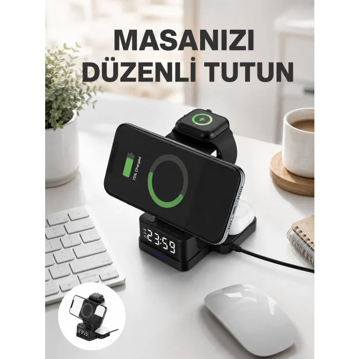 Kablosuz Şarjlı Dijital Masa Saati – 3 Parlaklık Seviyeli LED, Hızlı Şarj Yeni Nesil