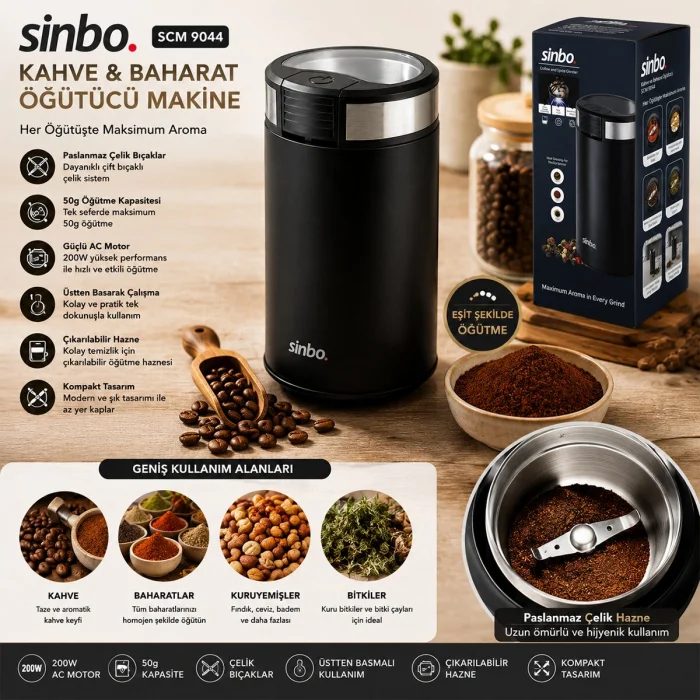 KAHVE - BAHARAT ÖĞÜTÜCÜ MAKİNE 2 BIÇAKLI ÇELİK ÖĞÜTME HAZNESİ 50GR ÖĞÜTME AC MOTOR=200W SCM-9044 (5047)