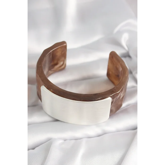 Kahverengi Mermer Desen Akrilik Plastik Gümüş Dikdörtgen Plaka Vintage Kadın Bilezik