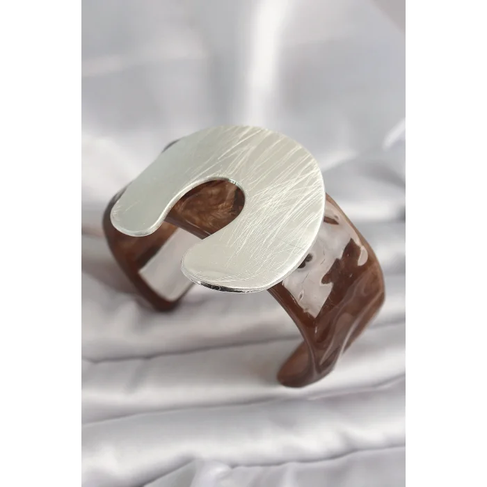 Kahverengi Mermer Desen Akrilik Plastik Gümüş Plaka Model Vintage Kadın Bilezik