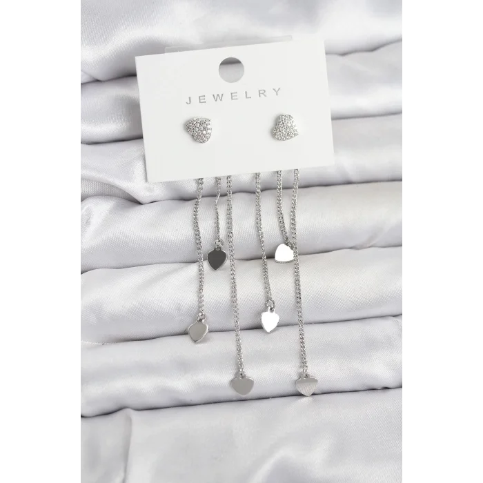 Kalp Model Gümüş Renk Pirinç Sallantılı Kadın Küpe