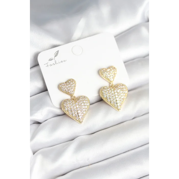 Kalp Model Zirkon Taşlı Gold Renk Pirinç Kadın Küpe