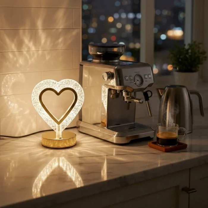 Kalp Şeklinde Kristal LED Masa Lambası – Dokunmatik, 3 Renk Işık Modlu, Şarjlı Mini Dekoratif Gece Lambası (5047)