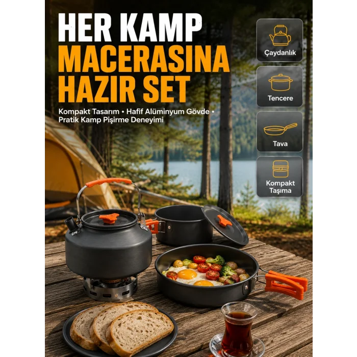 Kamp Mutfak Seti Alüminyum Çaydanlık Tencere Tava Hafif ve Taşınabilir Tasarım