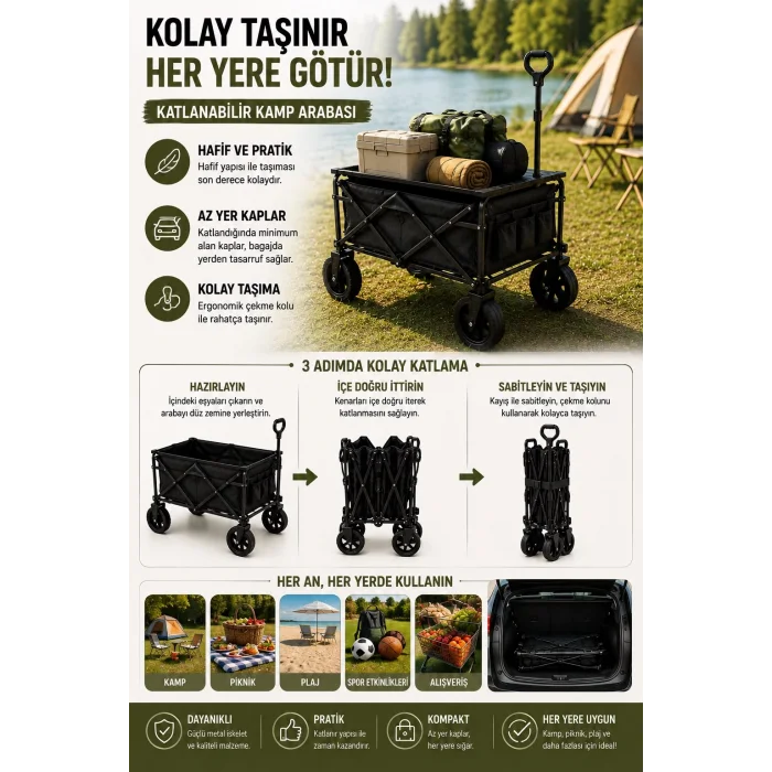 Kamp Piknik Plaj Arabası Katlanabilir Masalı Çekme Kollu Kompakt Taşıma Arabası 130 Kg