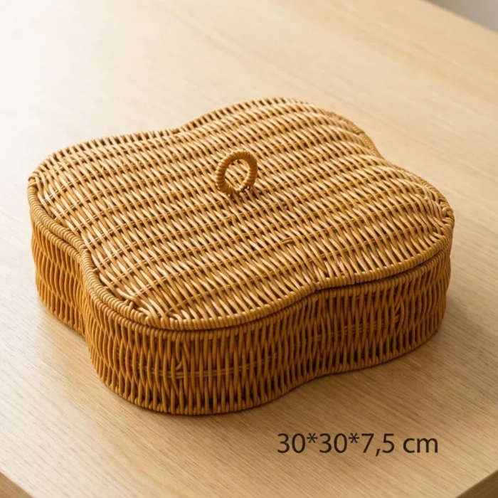 Kapaklı 5 Bölmeli Plastik Rattan Organizer Kutu – Hasır Desenli Çok Amaçlı Saklama ve Sunum Sepeti Çerezlik (5047)