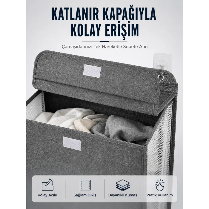 Kapaklı Duvar Tipi Kirli Çamaşır Sepeti Yer Tasarrufu Sağlayan