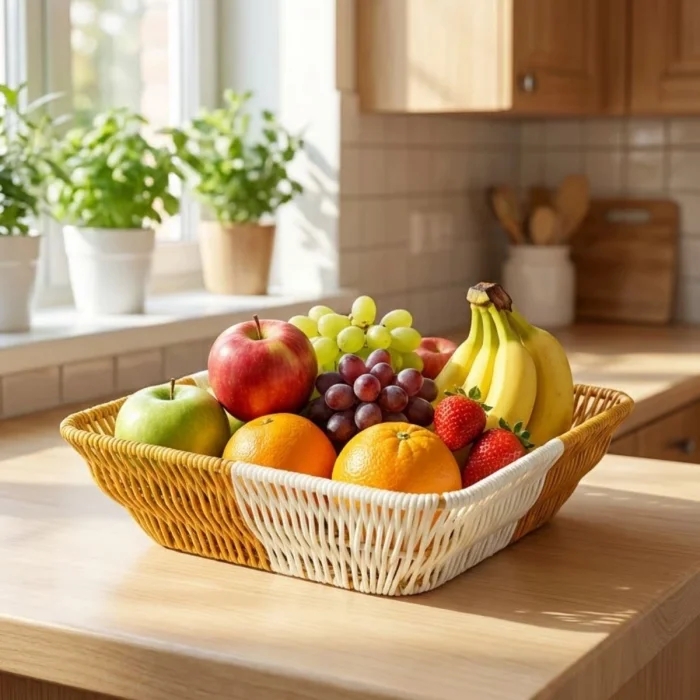 Kare Çift Renkli Plastik Rattan Ekmek ve Meyve Sepeti - Çok Amaçlı Banyo ve Mutfak Düzenleyici - Yıkanabilir Tezgâh Üstü Organizer (5047)