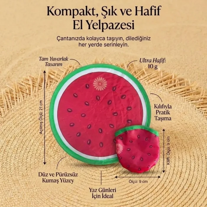 Karpuz Desenli Katlanabilir Cep Yelpazesi - Kılıflı Yuvarlak Kumaş El Yelpazesi (5047)