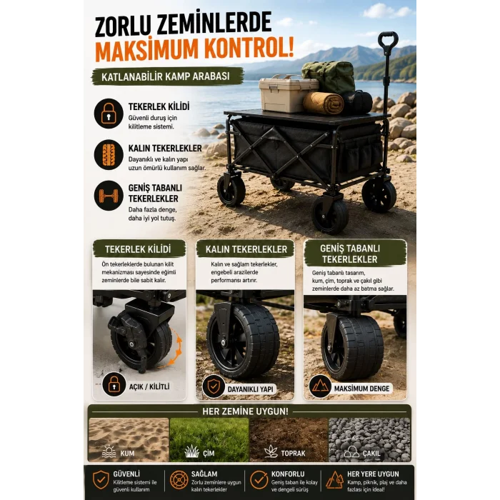 Katlanabilir Kamp Arabası Üst Tablalı 130 Kg Taşıma Kapasiteli Geniş Tekerlekli Çekçek