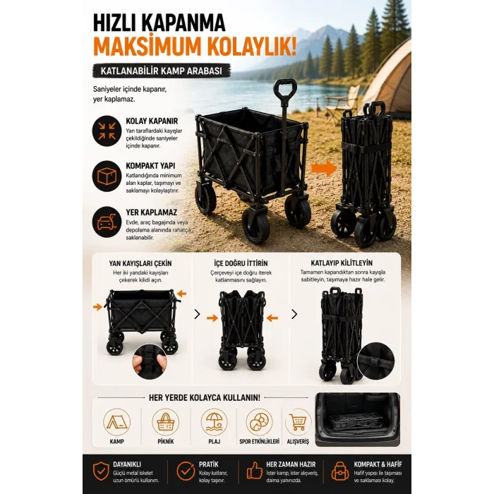 Katlanabilir Kamp Arabası Üst Tablalı 130 Kg Taşıma Kapasiteli Geniş Tekerlekli Çekçek