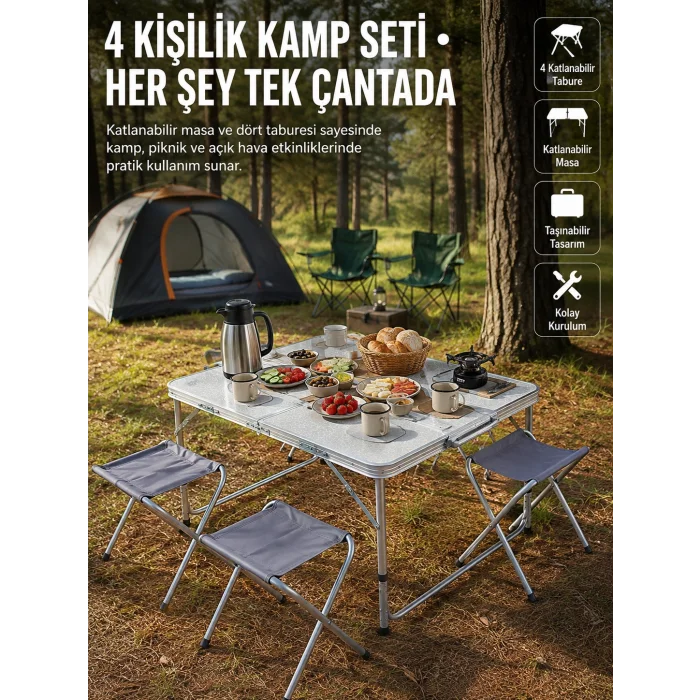 Katlanabilir Kamp Masası ve 4 Tabure Seti Taşınabilir Alüminyum Gövdeli Piknik Masası