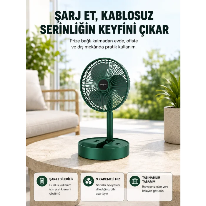 Katlanabilir Şarjlı Mini Fan 3 Kademeli Hız Ayarlı Taşınabilir
