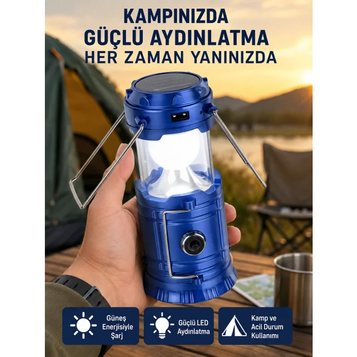 Katlanabilir USB Çıkışlı Kamp Feneri – Şarj Edilebilir, Dayanıklı ve Çok Fonksiyonlu