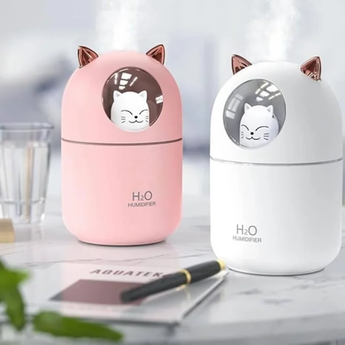 Kedicik Figürlü Hava Nemlendirici – Ultrasonik Soğuk Buhar Makinesi, LED Işıklı Masaüstü Oda Nemlendirici (5047)